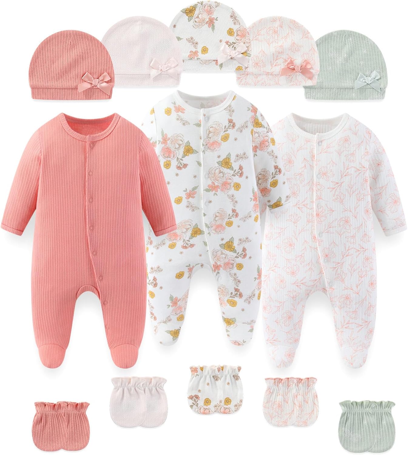 Fashion Baby Boy Girl Clothing Set Cotton Soft 3-Piece Long Sleeve Button Rompers 5-Pack Hats&Gloves Infant Clothes