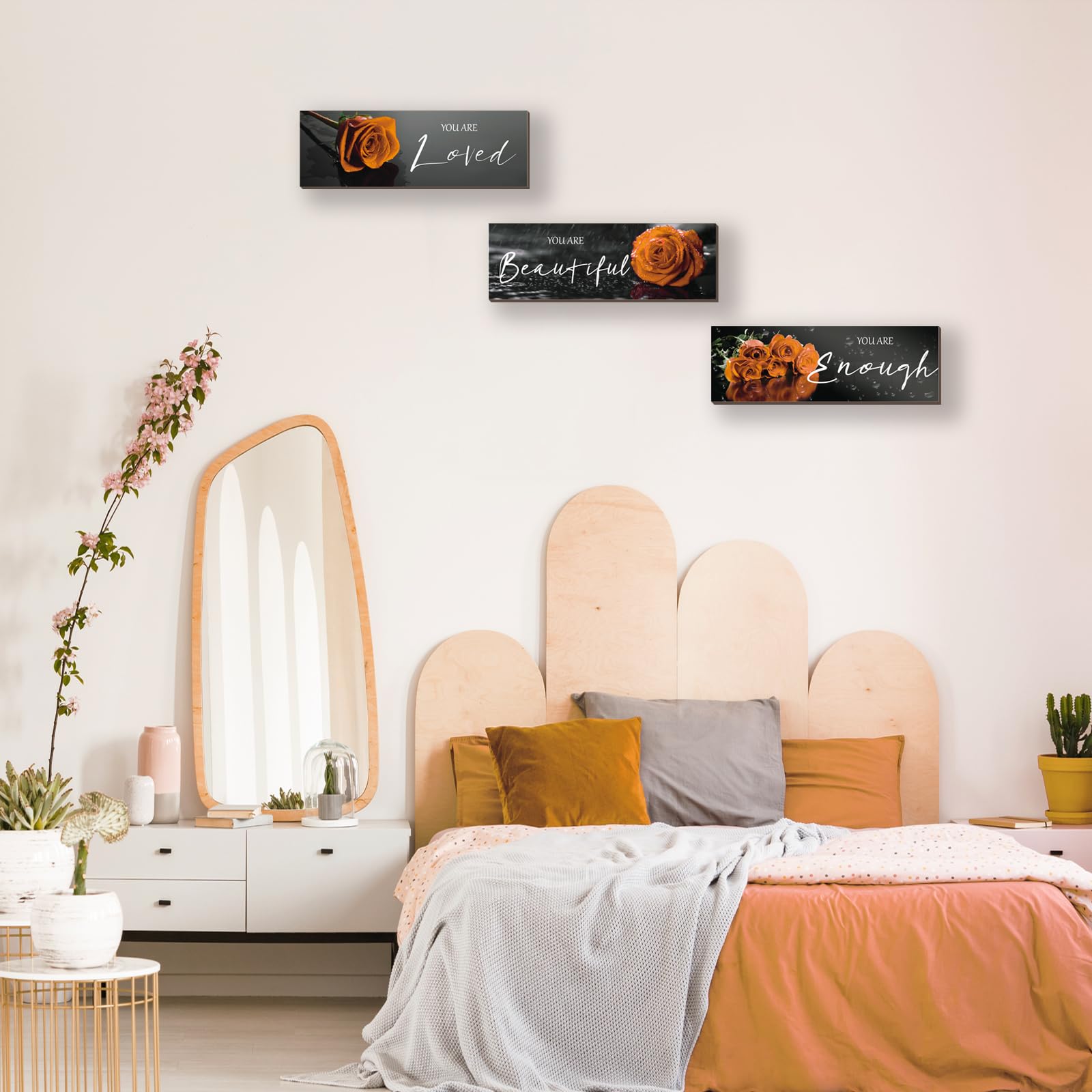 3 piezas de decoración de pared naranja inspiradoras rosas naranjas decoración de baño, arte de pared de madera, citas positivas You Are Loved You Are Enough para niñas y mujeres oficina 5