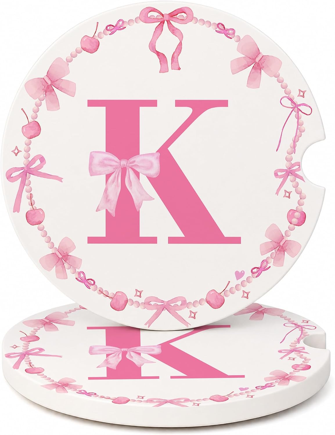 Car Coasters for Cup Holders, Monogram K Ceramic Car Coasters Set of 2, Cars Cup Holder, Monogrammed Gifts for Women, Initial Birthday Gifts for Drivers, Pink Bow Decor, Letter Essentials, A11