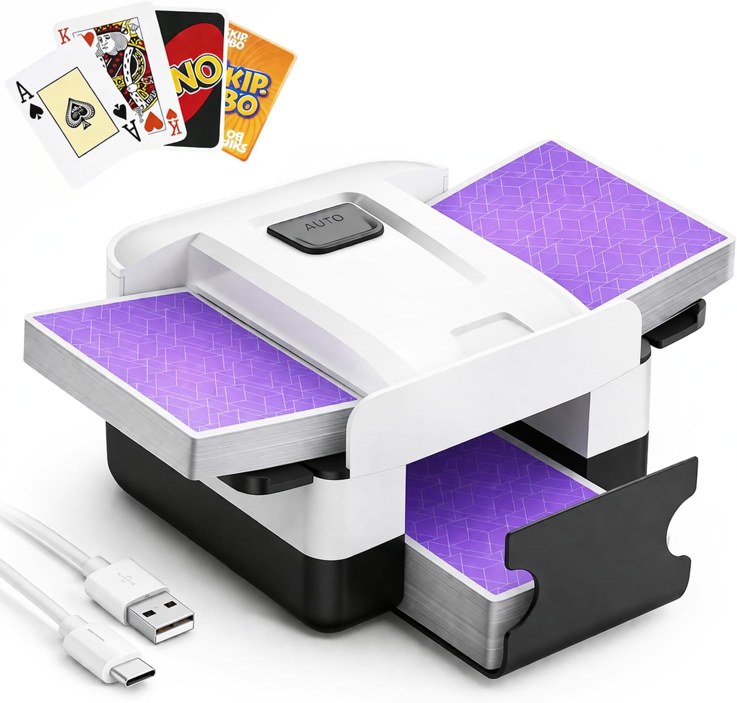 Automatic Card Shuffler Machine for 1-2 Decks, USB-C Rechargeable Electric Card Shuffler with One-Press Operation, Portable Card Dealer for UNO, Phase 10, Skip-Bo, Family Game Nights & Party