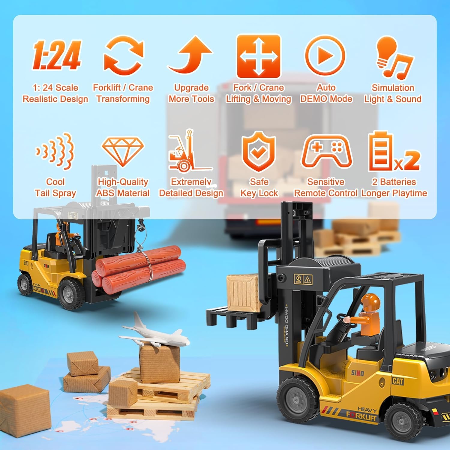 Pihura RC Forklift Truck, 2 in 1 Transform Lift Fork & Hook, Kids Forklift Toy, 11 Channel Remote Control Forklift for Adults, 1 Battery, Spray, Light, RC Construction Vehicles Toy Gift for Kids 6+ 3
