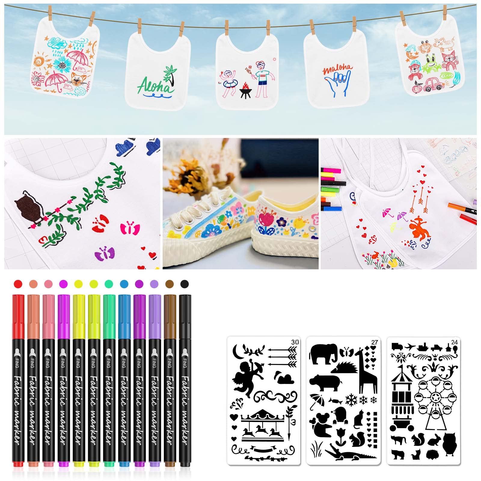 12 do pomalowania z 12 kolorowymi pisakami do tkanin i 3 szablonami, dwustronne dziecięce śliniaki, białe do malowania, prezent na przyjęcie baby shower DIY