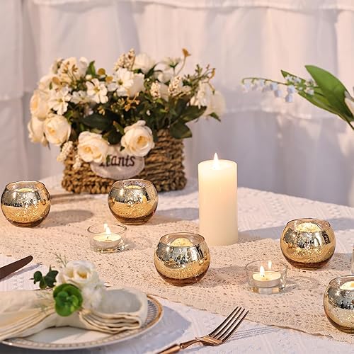 Vista 43 de LAMORGIFT 36 portavelas votivas azules – Portavelas de cristal de mercurio para decoración de boda azul polvoriento, decoración de mesa de centro