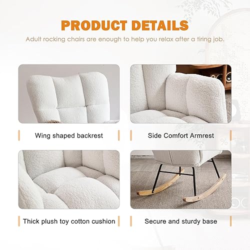 Miniatura 19 de Kiztir Mecedora para guardería, respaldo alto, deslizador de peluche, tapizado, reclinable, moderna mecedora para dormitorio, sala de estar,