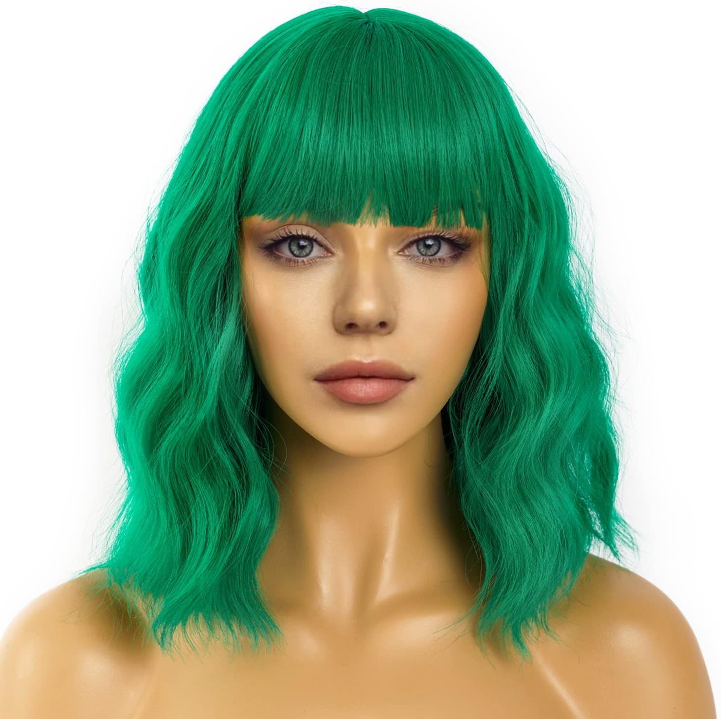 LANCAINI Wavy Wig With Bangs Women's Short Wigs Curly Wavy Bob