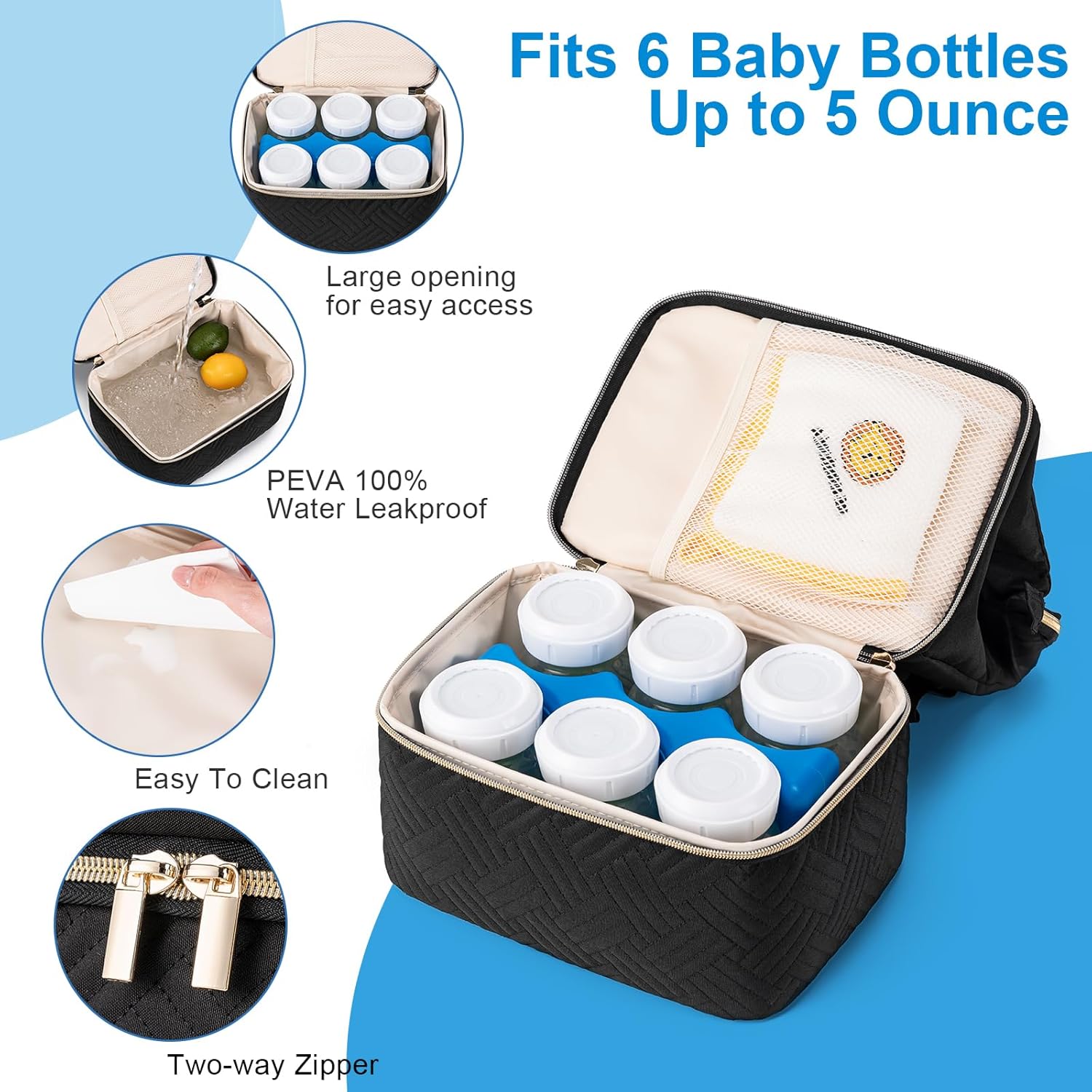Breastmilk Cooler Bag with Ice Pack Fits 6 Baby Bottles up to 5 Ounce, Breast Milk Pump Cooler Bag for Nursing Mom Daycare, Work, Travel- Black - Image 2