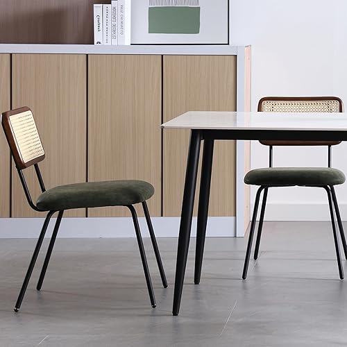 Miniatura 2 de Juego de 2 sillas de comedor de ratán, sillas modernas de mediados de siglo con respaldo de bastón, sillas de cocina de cuero tapizadas sin brazos