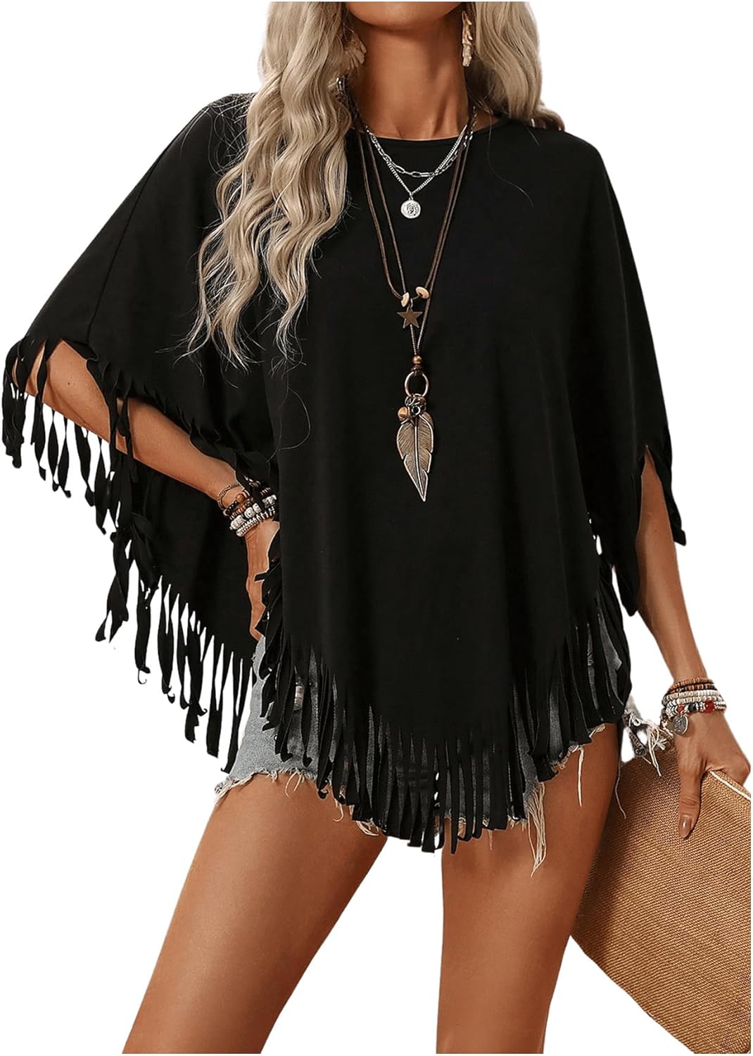 SweatyRocks Women's Half Short Sleeve Fringe Trim Top Round Neck Asymmetrical Hem Loose Tee Shirts Blouse - Image 5