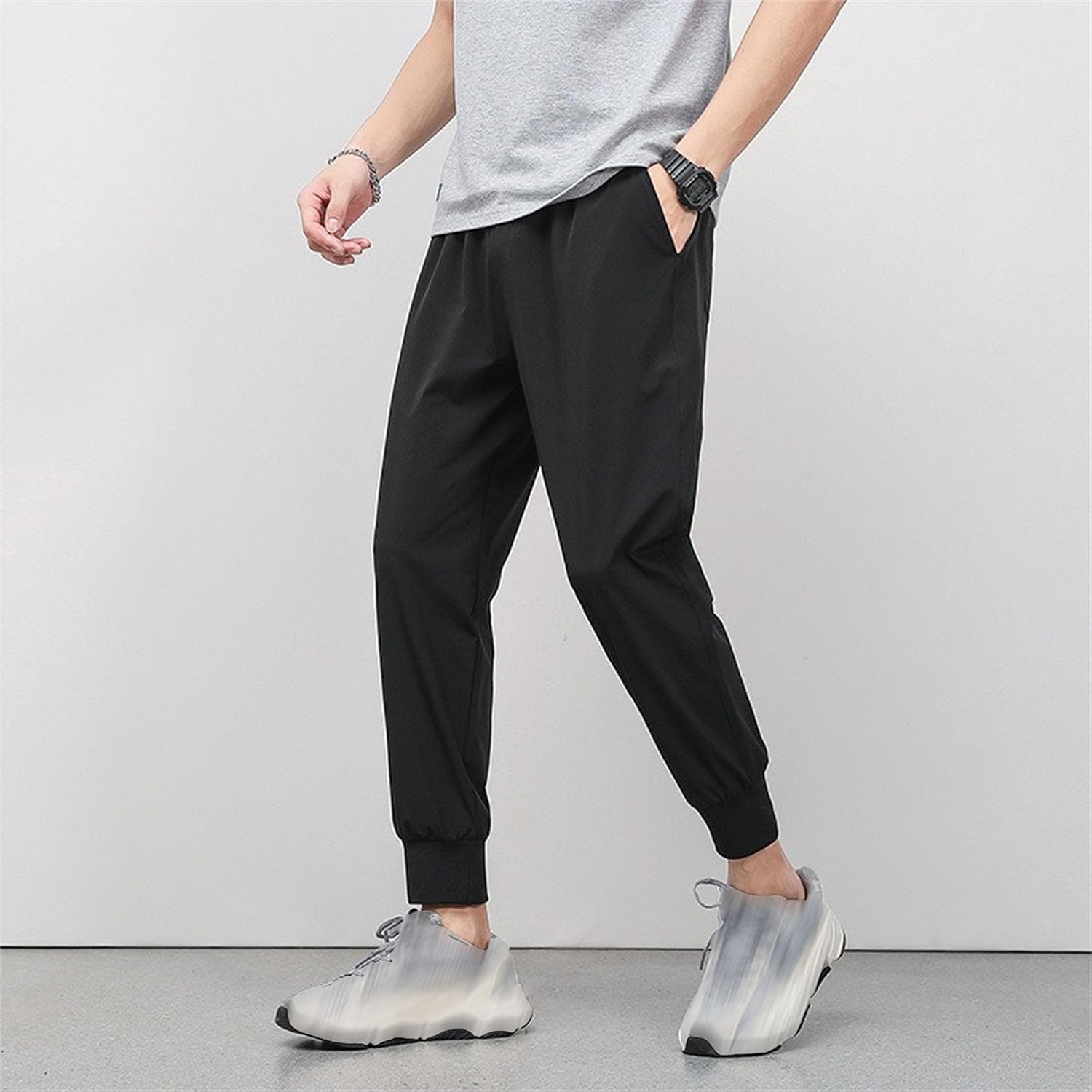 DGHM-JLMY Men's Summer Slim Jogging Casual Capri Pants Lightweight Elastic Waist Pants with Pockets Solid Pull-On Sweatpants
