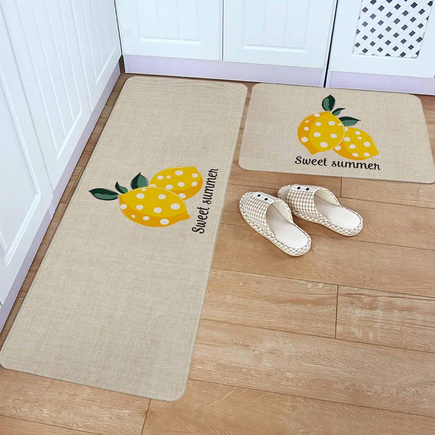 Yellow Lemons Kitchen Rugs and Mats Set of 2, Non-Slip Kitchen Sink Mat, Summer Botanical Farmhouse Rustic Washable Doormat Bathroom Rugs Runner for Bedroom/Living Room 19.7"x31.5"+19.7"x63"