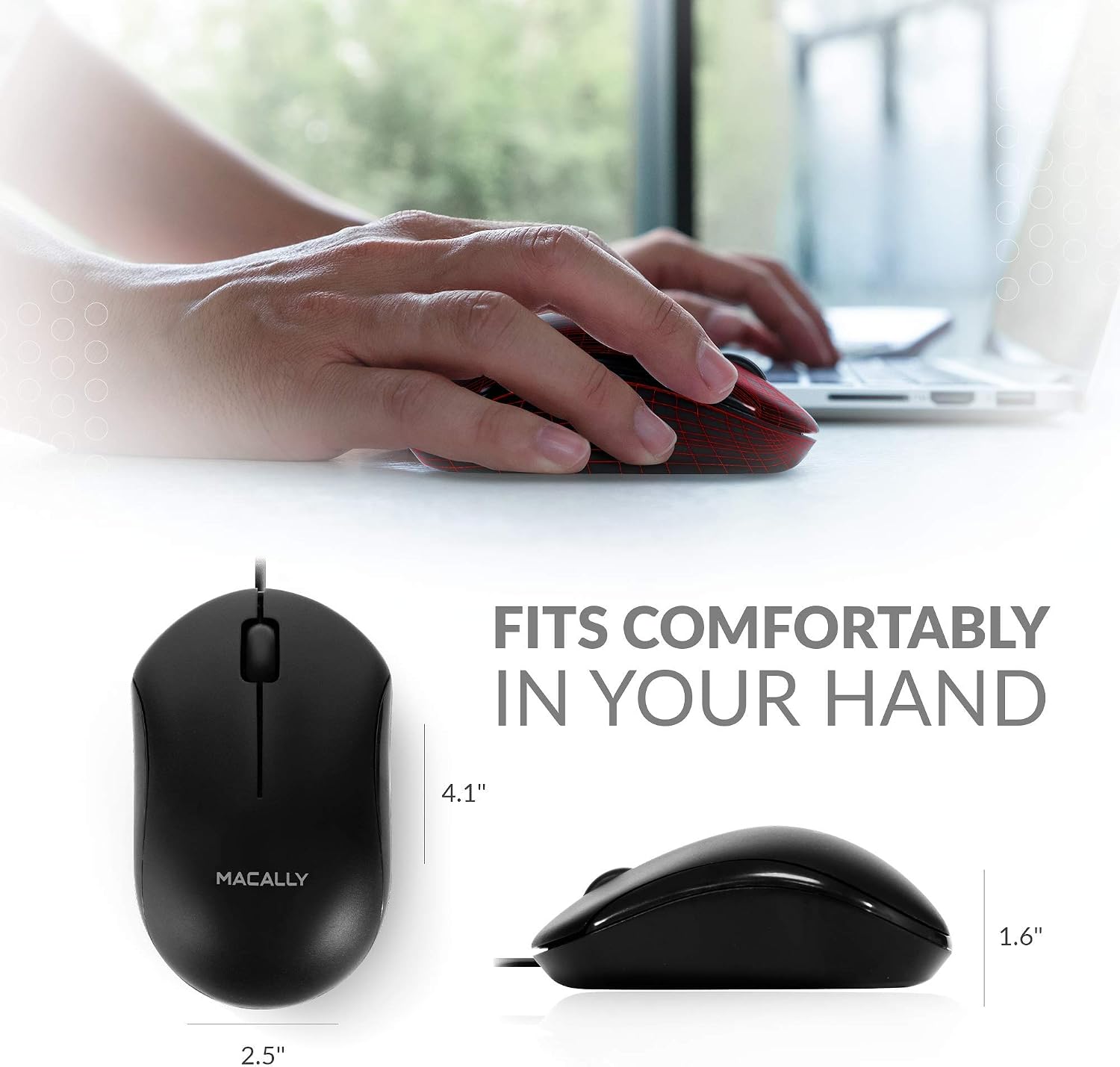 Macally USB Wired Mouse -Simple 3 Button & Scroll Wheel Design - Ergonomic & Comfortable Computer Mouse for Laptop, Windows PC, Chromebook, Desktop, Notebook, & Mac - Plug & Play USB Mouse - Black