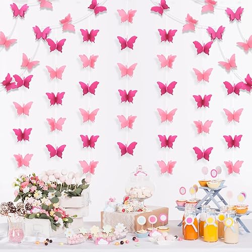 Miniatura 9 de LITAUS, Guirnaldas colgantes de mariposa de papel rosa 3D  Juego de 4  Decoraciones de cumpleaños de mariposa  Decoraciones de mariposa para baby