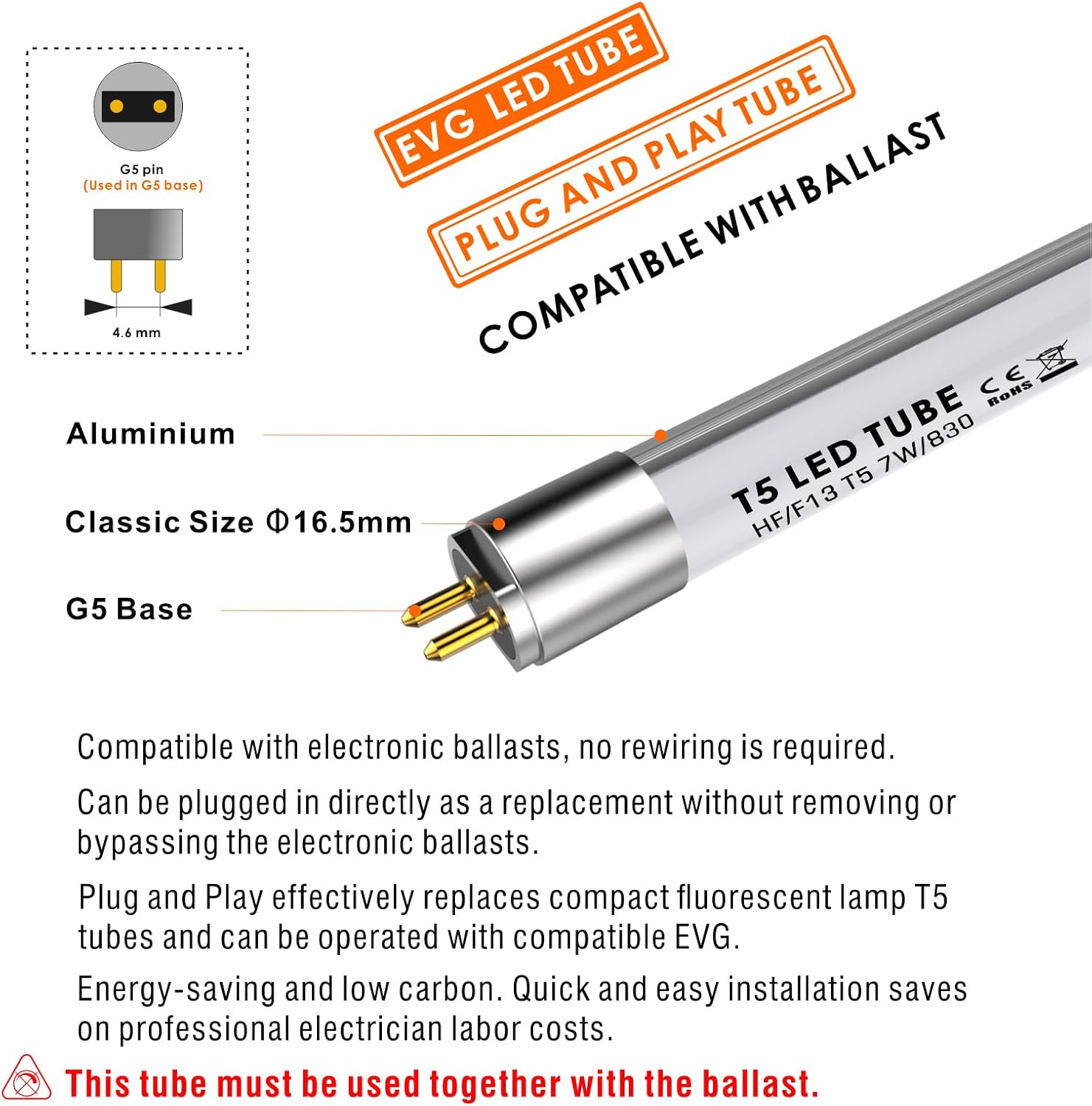 IHYCTV F13T5WW LED Fluorescent Replacement Tube, 7W T5 LED Tube for EVG, G5 13W F13T5 Fluorescent Bulbs 21 inch Equivalent, 910lm, 3000K, 830, Warm White Light, 140 Degrees, Pack 1