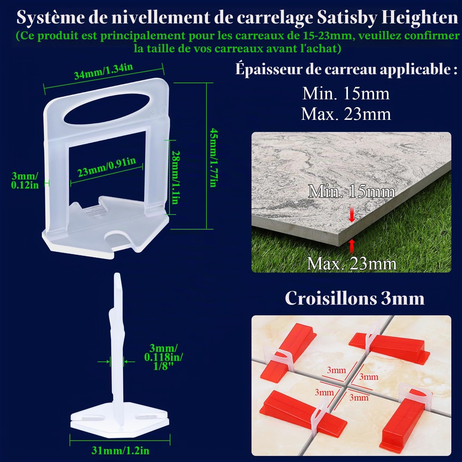 Système de Nivellement de Carrelage 3mm pour Carreaux de15-23 mm