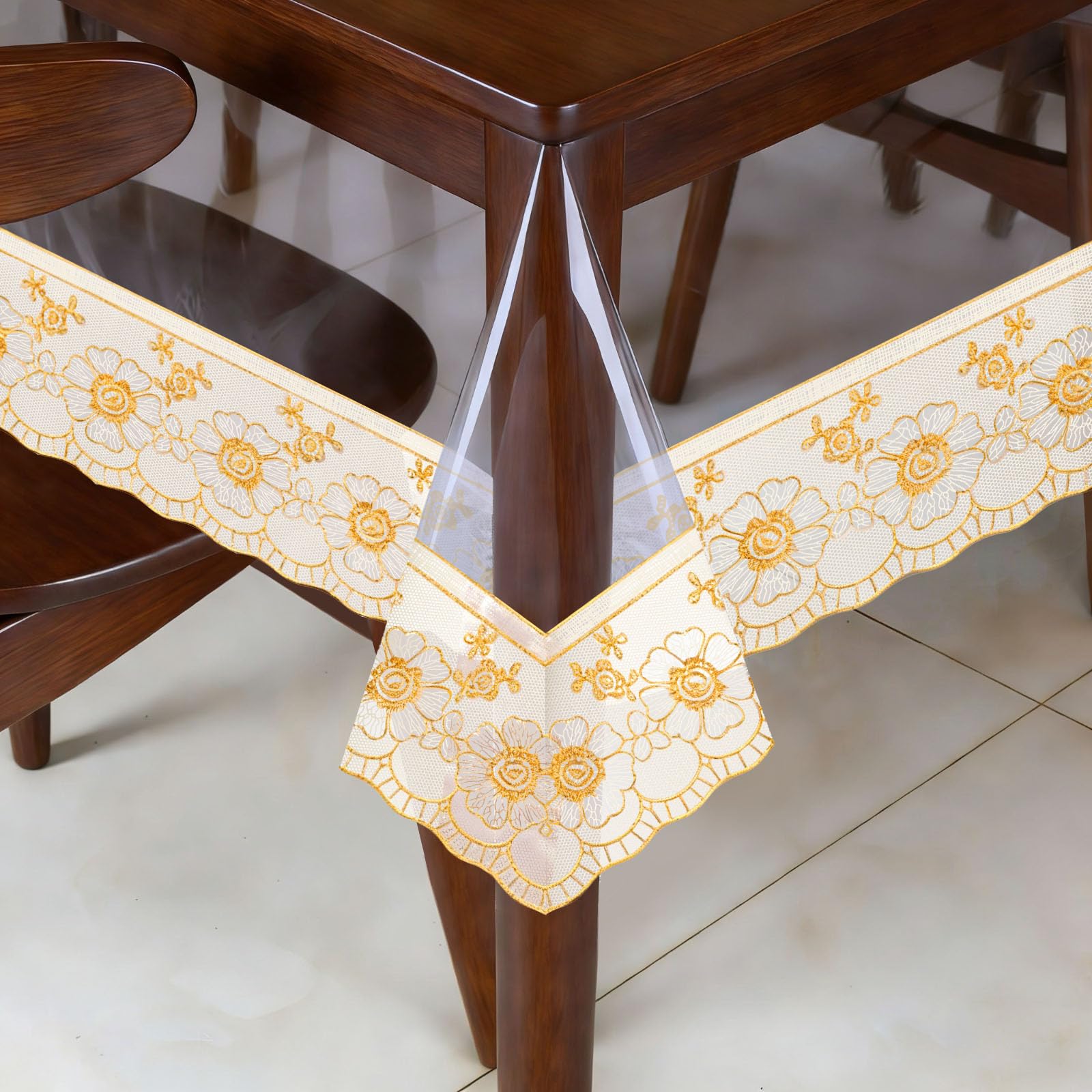Thatyro 59" x 120" Clear Tablecloth Rectangle with GoldLace Trim, Oil-Proof & Waterproof PVC Table Cloth, Clear Table Cover Protector for Kitchen Home Desk Party Camping (Gold)