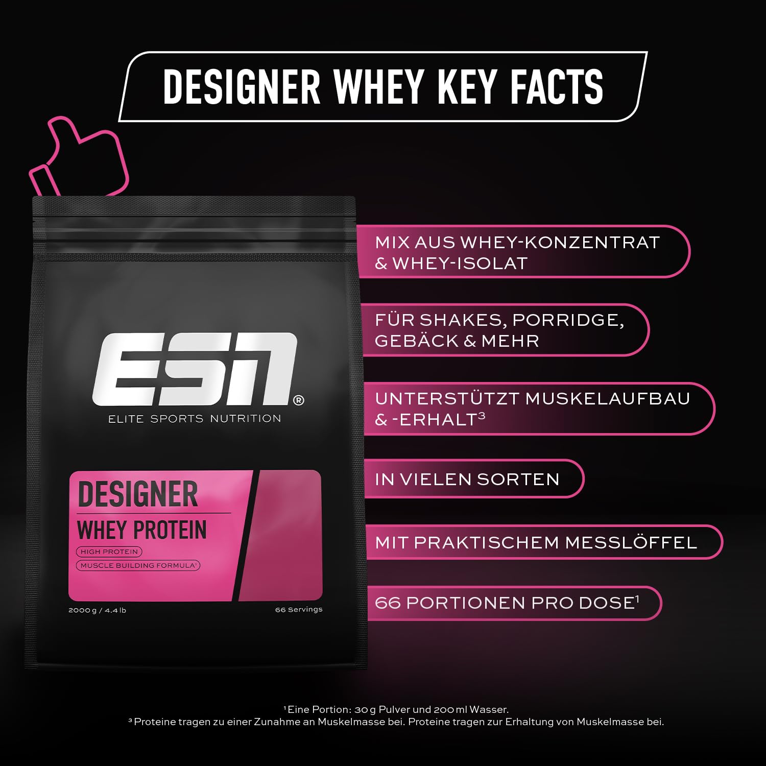 ESN Designer Whey Protein Pulver, Eiweißpulver, Zimtgetreide, 2000g, 2.0kg, 66 Portionen