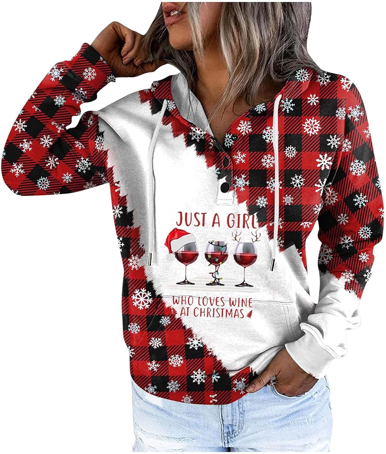 Women's Hoodie Christmas Print Sweater Long Sleeved T Shirt Drawstring Pullover Casual Blouse Sweatshirts with Pockets : Clothing, Shoes & Jewelry