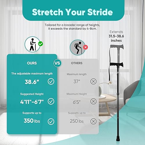 Miniatura 6 de Bastón mejorado (más grueso y largo)  Plegable, ajustable, plegable, punta de repuesto, con bolsa de viaje  Bastón versátil para cada altura, peso,