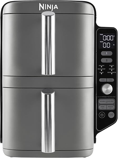 NINJA Double Stack XL Deep Fryer, Oil Free Deep Fryer, Vertical 2-Drawer Deep Fryer, 4 Cooking Levels, 2 Drawers and 2 Racks, Compact Design, 9.5L Capacity, 6 Cooking Functions, 8 Servings, Grey SL400EU