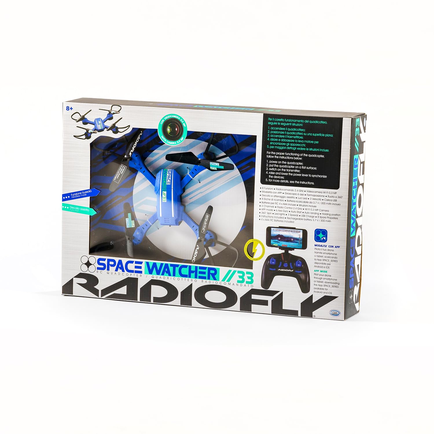 ODS - RADIOFLY, Space Watcher // 33, Drone per Bambini con Giroscopio, 8 Funzioni, 3 velocità, Rotazione 360°, con App e Supporto Smartphone, +8 Anni