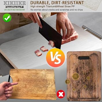 Titanium Chopping Board Double Sided Pure Titanium Cutting Boards for Kitchen, Pure Titanium & Wheat Straw PP Food Grade Metal Chopping Boards Easy to Clean