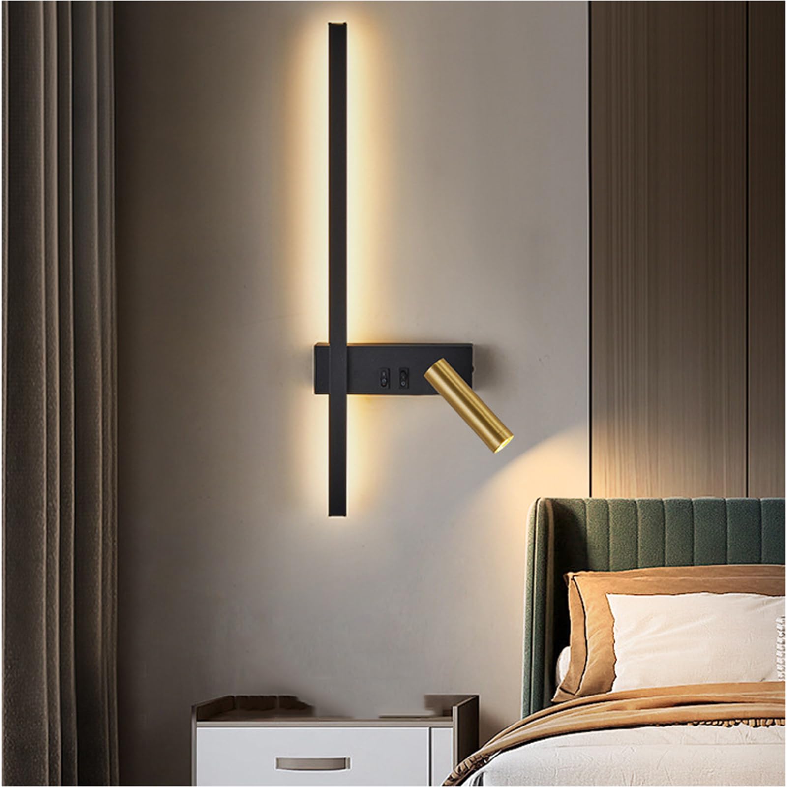 SAXAYWWD Wall Sconces LED Rotating Spotlights Bedside Lamp Reading Light Strip Wall Lights(Color:Black 2 Left)