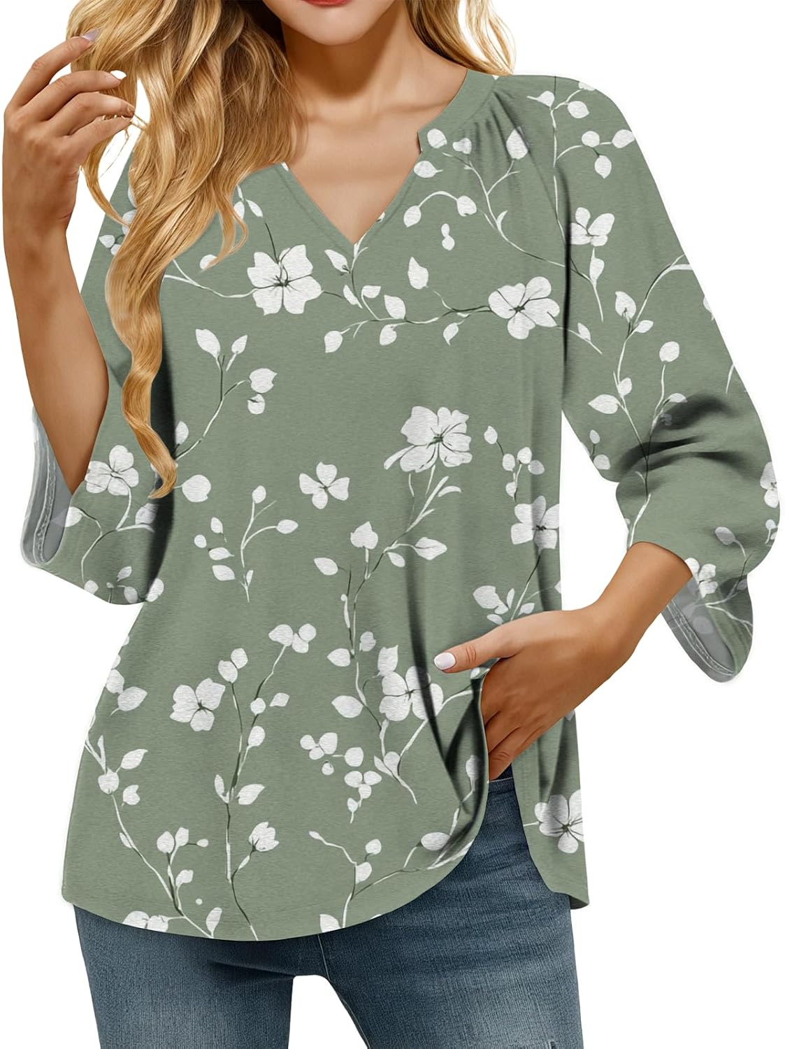 Women Tee Shirts Breathable Three-Quarter Sleeves V Neck Casual Blouses Boho Green Summer Plus Size Stylish Western Tee Soft and Comfy Fashion Trendy Outfits,XL