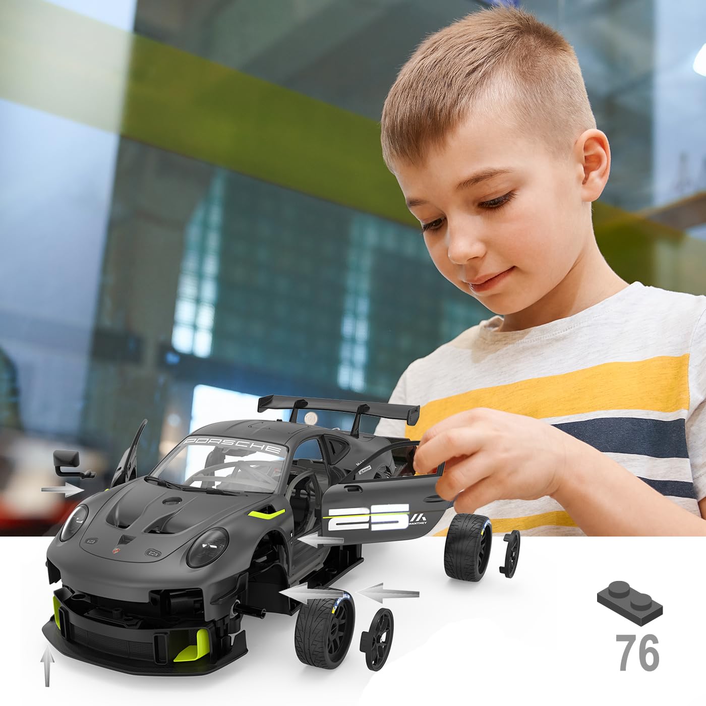 JAMARA Porsche 911 GT2 RS Clubsport 25 1:18 szary 2,4 GHz zestaw do montażu – oficjalnie licencjonowany, szczegółowe wnętrze, wierne lakierowanie, przezroczysta szyba przednia, światło LED, zestaw RC