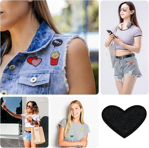 50 Pcs Black Small Heart Iron on Patches, Sew Embroidered Patches Appliques Iron on Heart Patches for Clothing Jackets Backpack Shoes Repairing Decorations