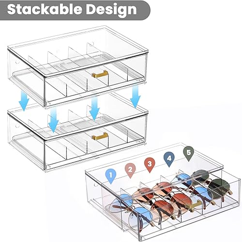 Miniatura 4 de Clear Acrylic Sunglasses Organizer, Stackable Eyewear Storage with Gold Handles, Display Box for Closet or Vanity