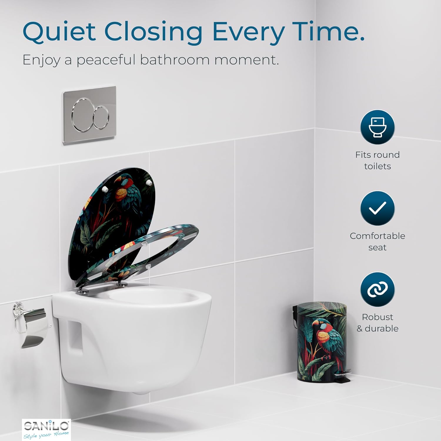 sanilo wooden toilet seat with soft close [round] - decorative, quiet & slow close molded wood seat - with strong bumpers & hinges - adjustable fit – exotic