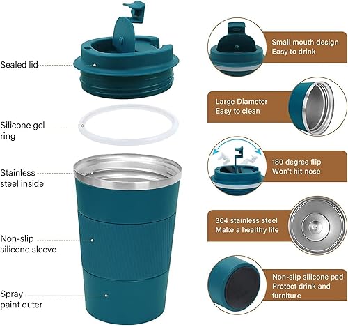 Miniatura 90 de Taza de café de 12 onzas – Taza de viaje aislada a prueba de derrames con tapa a prueba de fugas, taza de café de viaje de acero inoxidable al