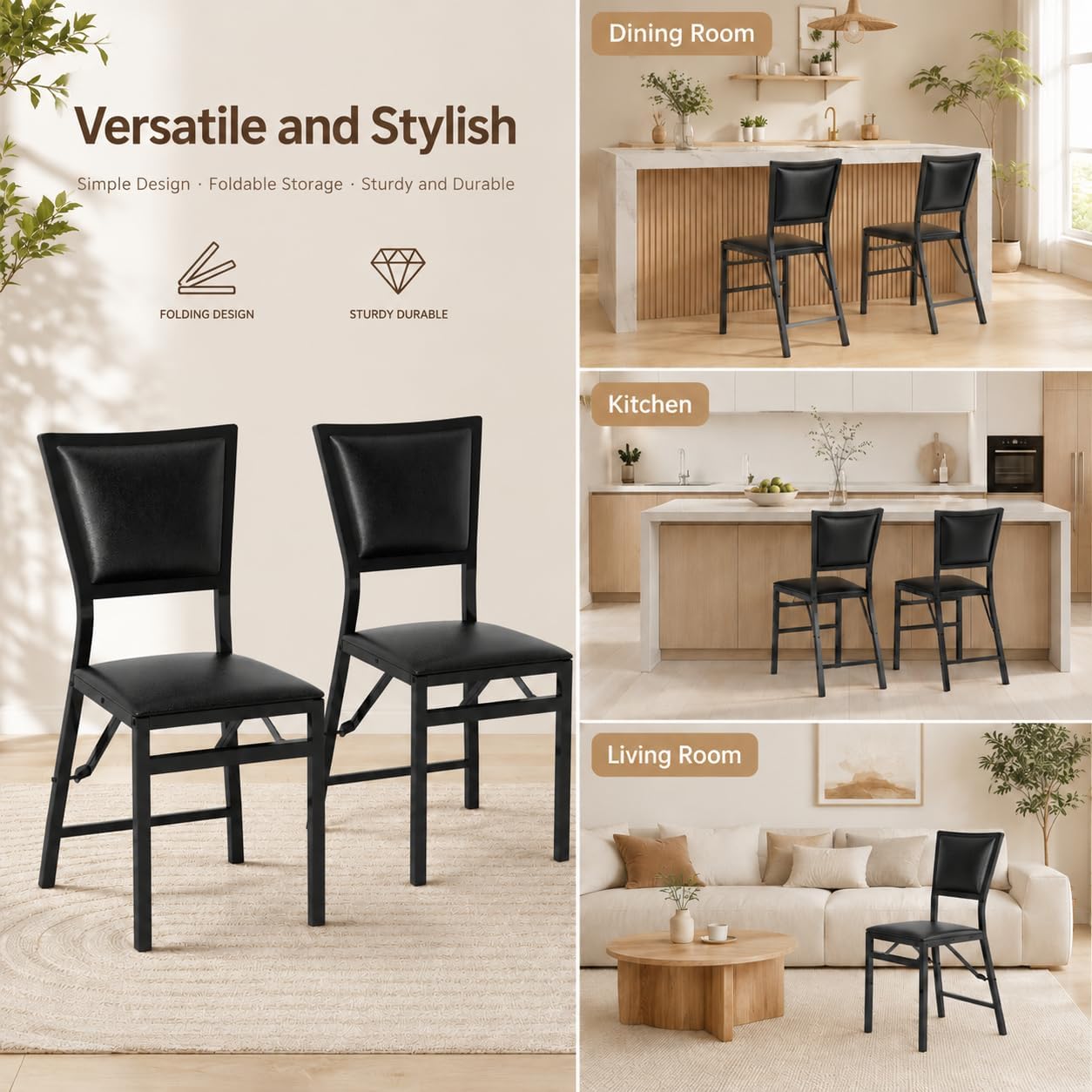 POWERSTONE Folding Chairs Set with Cushion, Heavy Duty Metal Frame Foldable Dining Chair with Padded Seat & Backrest for Kitchen, Living Room, Small Space, Black (2)