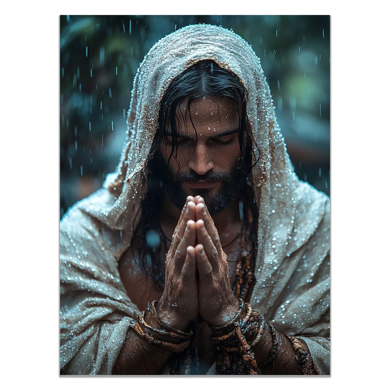 QUSAAOU Jesus Canvas Wall Art Jesus Praying in the Rain Picture Prints God Posters Catholic Artwork for Spiritual Room Bedroom Home Decor(teal)-80x120cm Unframed