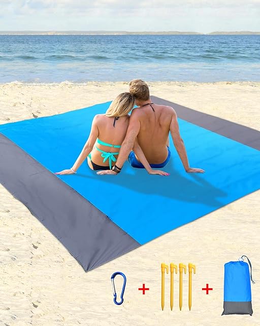 Beach Mat Picnic Blanket Waterproof - Beach Blanket 210 x 200cm Picnic Blanket Extra Large Waterproof Beach Mat with 4 Fixed Nails, for Beach, Camping, Hiking Compact Lightweight 83 X 79in