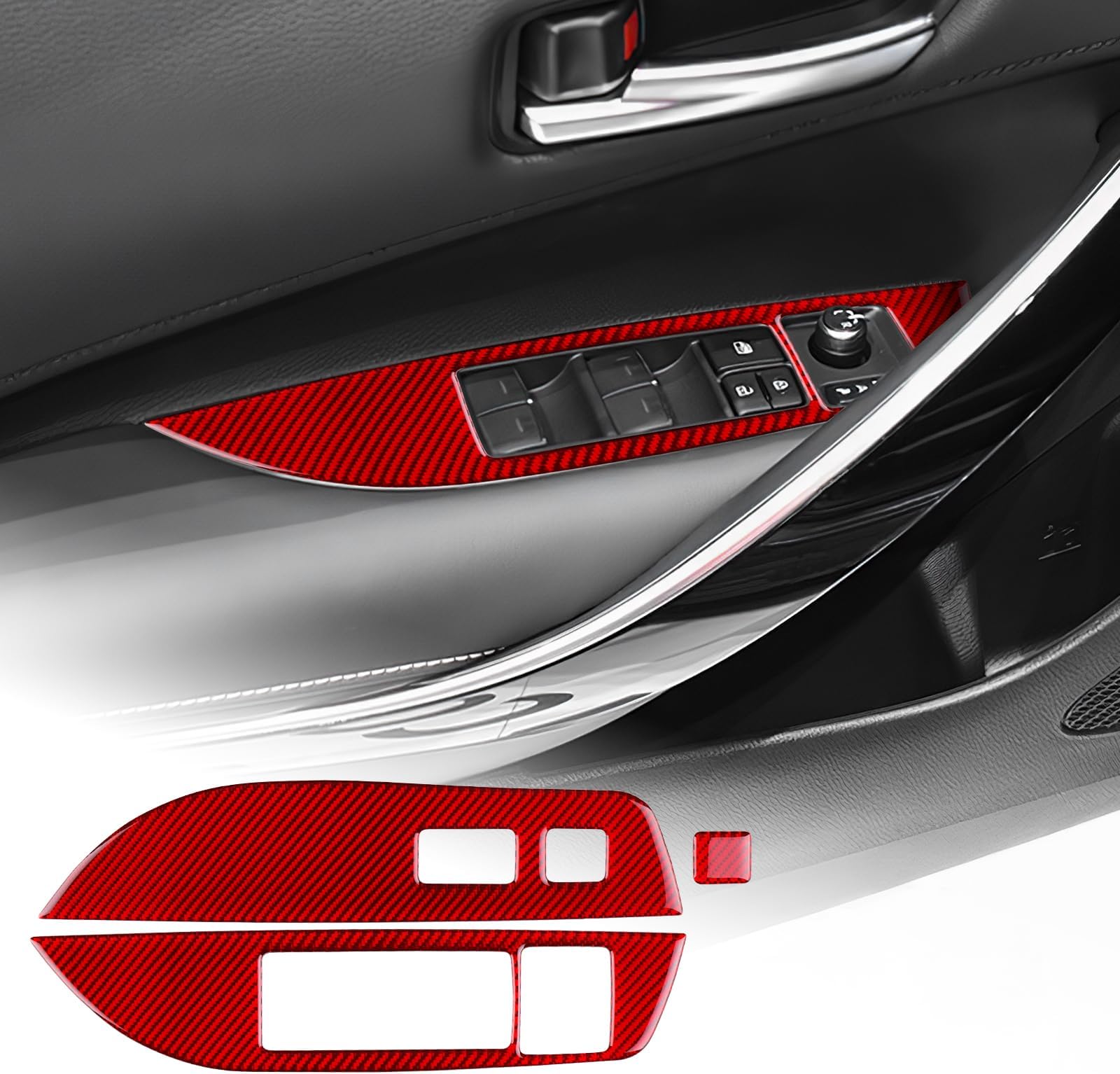 AIRSPEED for 2019-2024 Toyota Corolla 2021-2024 Corolla Cross Carbon Fiber Door Window Button Frame Cover Center Console Interior Trim Accessories, Red