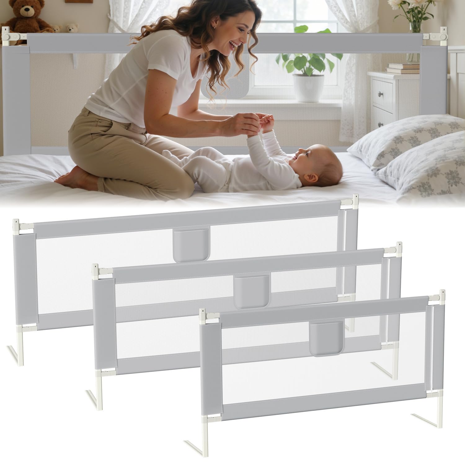 Jopassy Bettgitter Rausfallschutz Bett 200cmx2+150cmx1, Bettschutzgitter höhenverstellbar 64-96 cm für Babys und Kinder, mit Doppelknopfschalter, Einfache Montage, Grau
