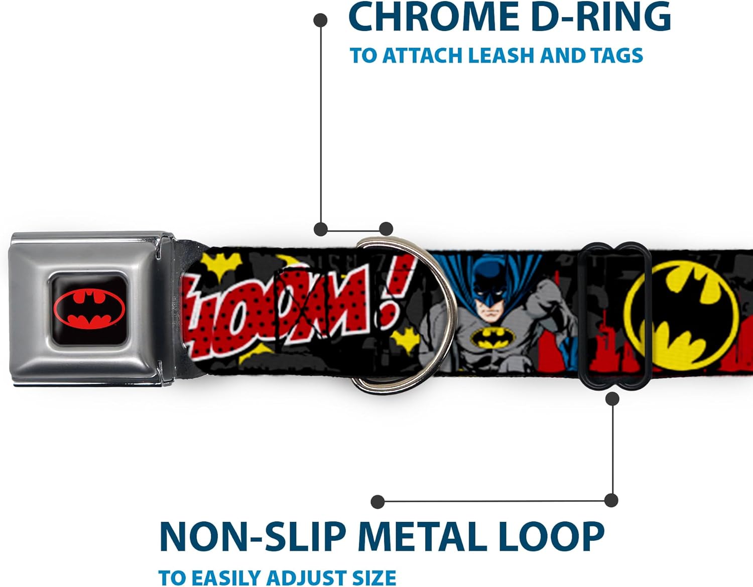 Buckle-Down Seatbelt Buckle Dog Collar - Batman in Action WHOOM! Red Skyline - 1.5" Wide - Fits 16-23" Neck - Medium