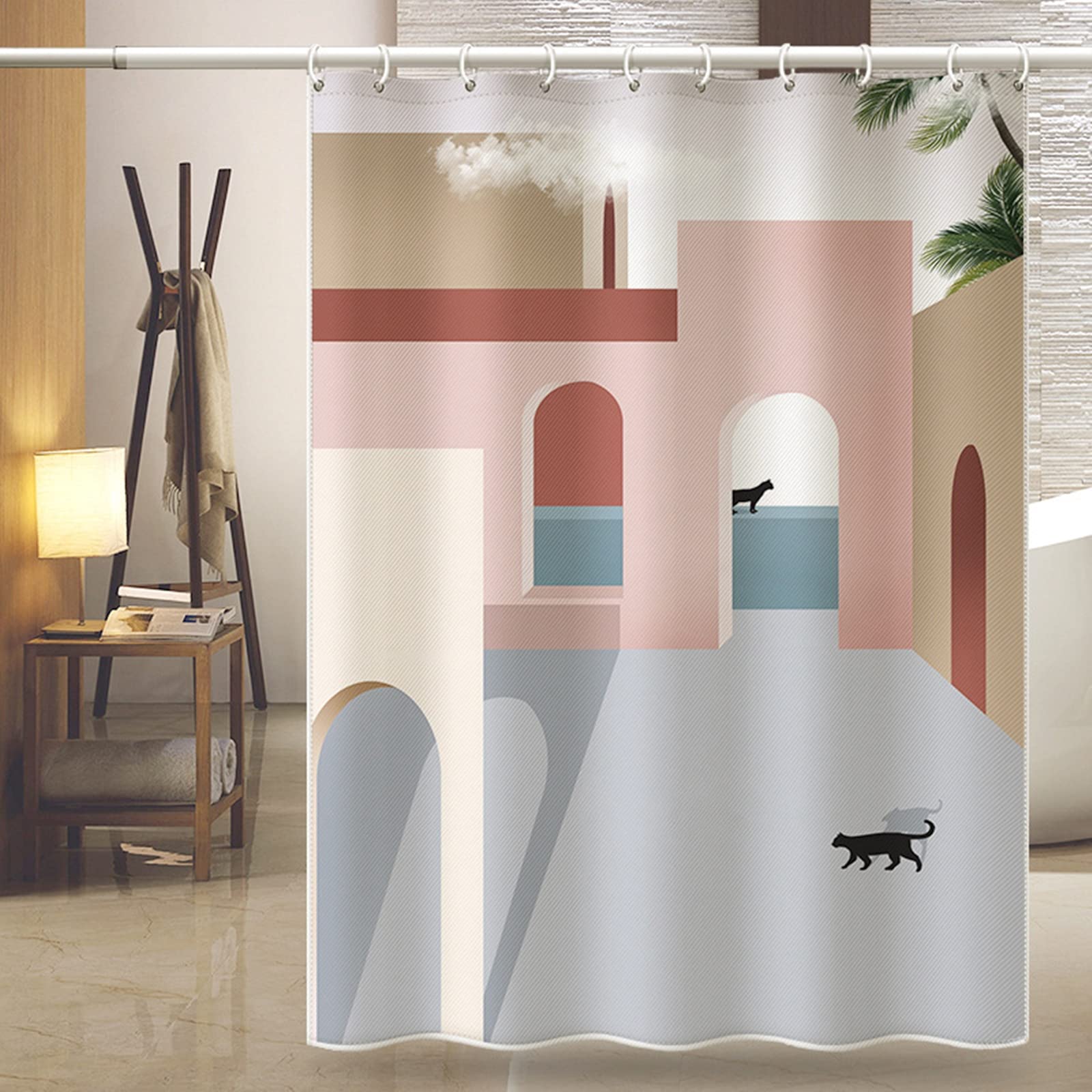 Rideau de douche architecture maison chat noir KnSam 200x180 cm polyester