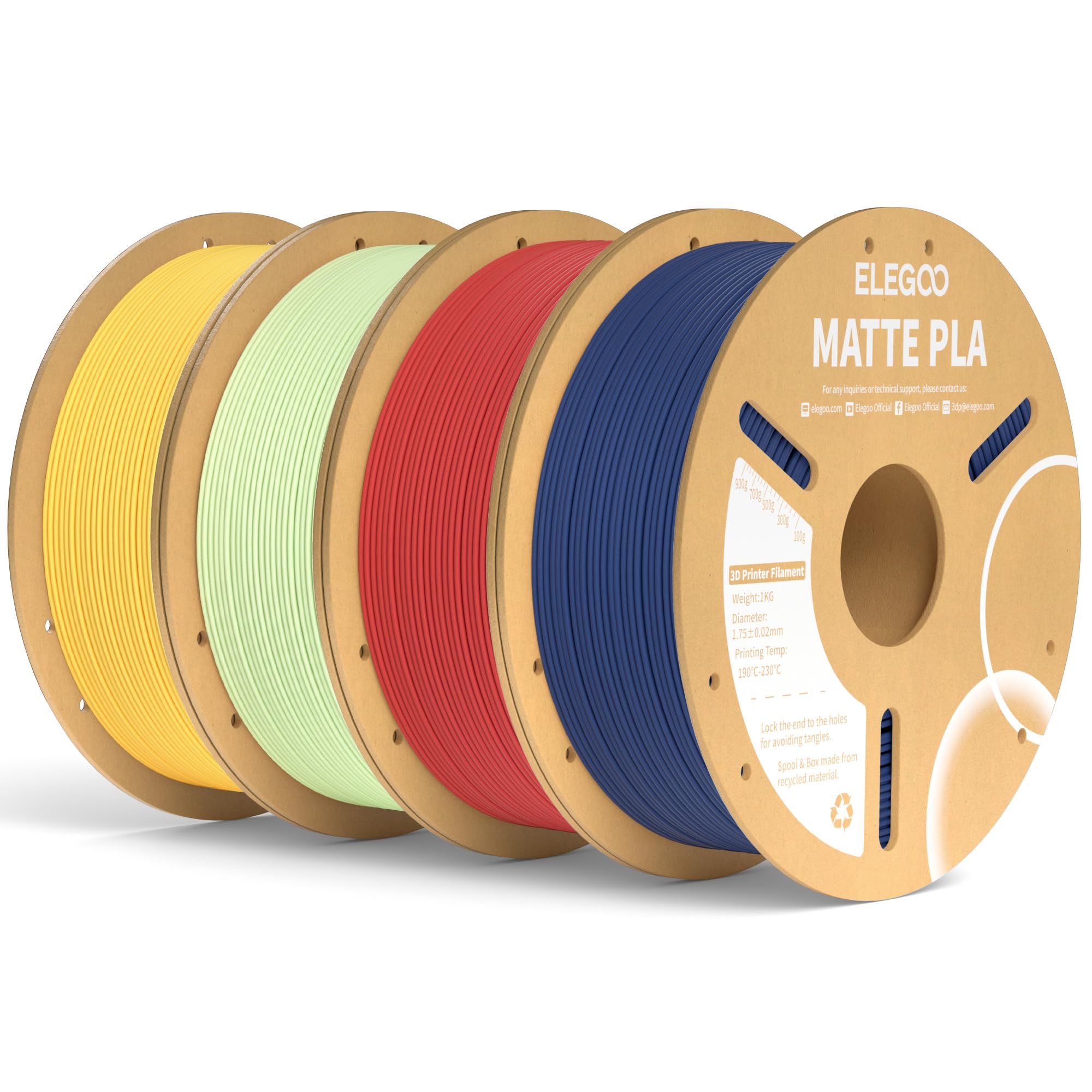 ELEGOO Zestaw matowych filamentów PLA 4 kg, filament do drukarki 3D 1,75 mm Dokładność wymiarowa +/- 0,02 mm, szpula 1 kg pasuje do większości drukarek 3D FDM (granatowy, rubinowy, miętowy, słoneczny