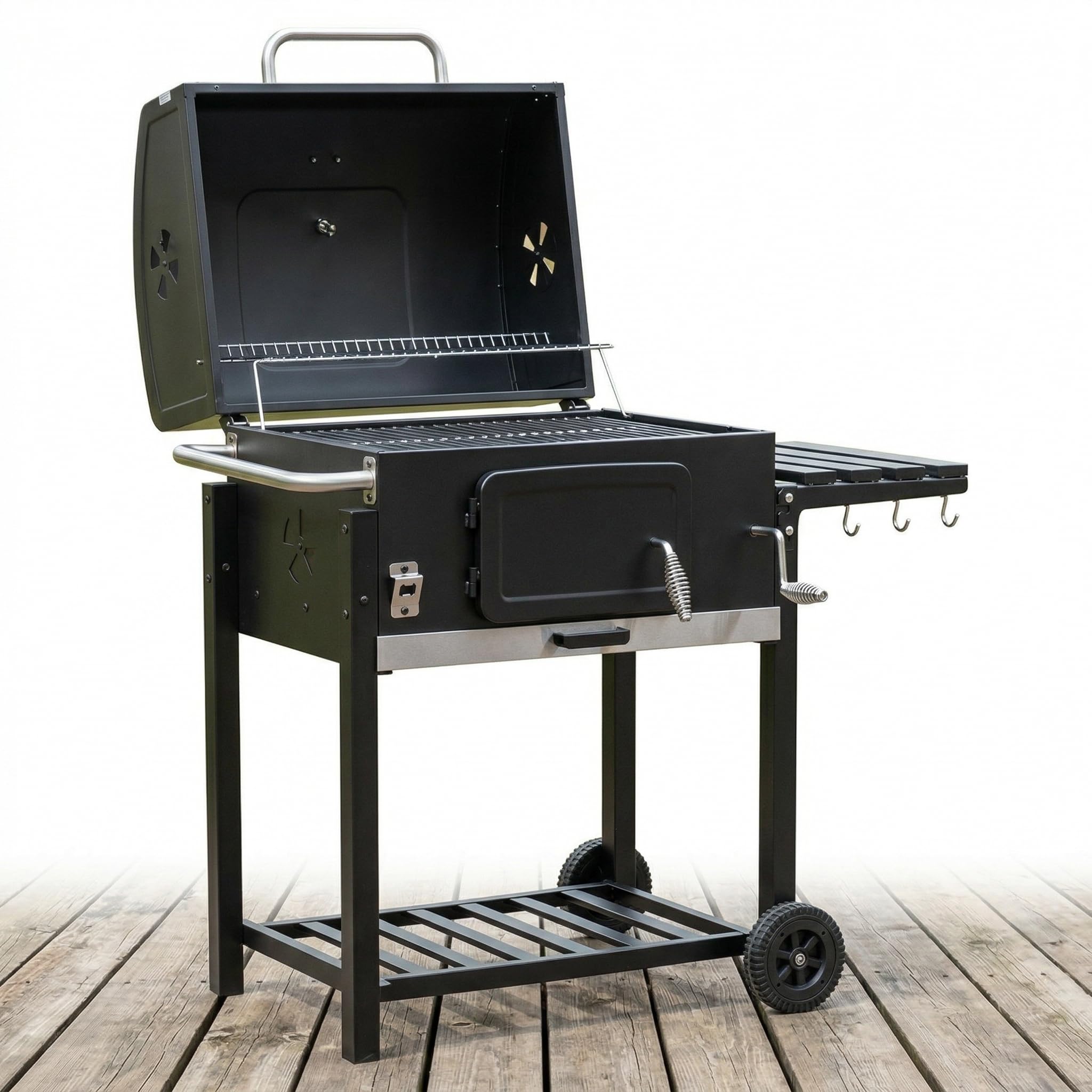 Large Outdoor Charcoal BBQ Grill with Lid, Thermometer, and Accessories, Modern Style