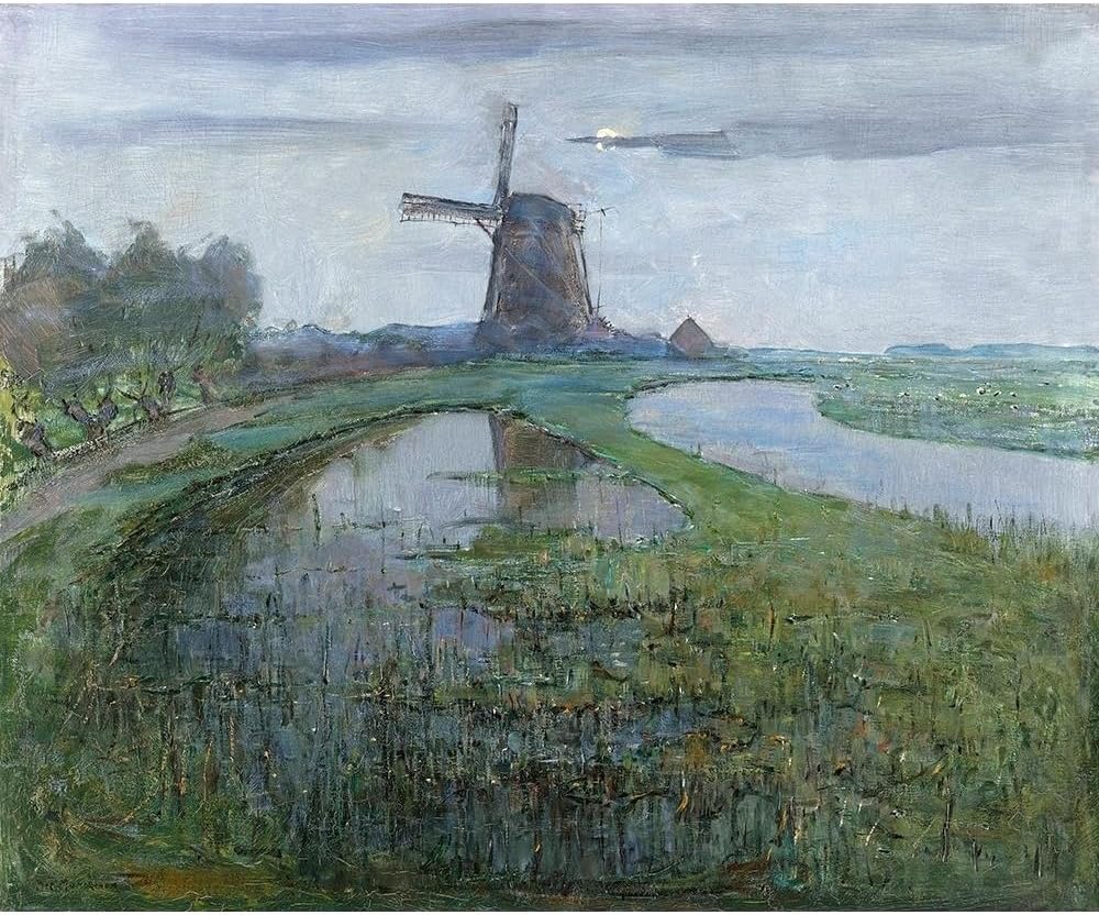 ArtDirect Mondrian, Piet 23x20 Gallery Wrapped Canvas Museum Art Titled: Oostzijdse Mill along the River Gein by Moonlight