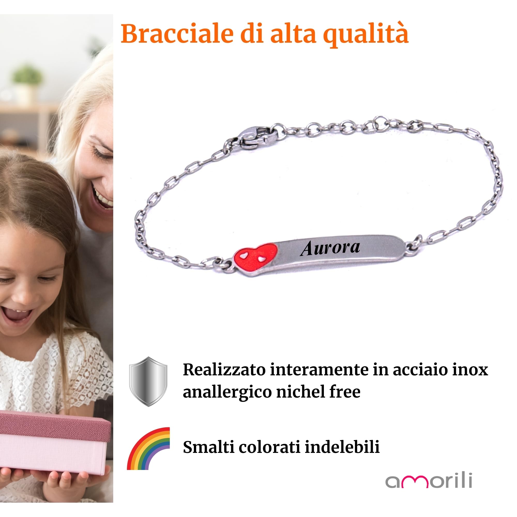 amorili Bracciale Bambina Personalizzato con Nome - Cuore in Acciaio Inox Anallergico - Regalo Bimba per Compleanno, Battesimo, Comunione - Gioiello con Incisione Gratuita bcc3111