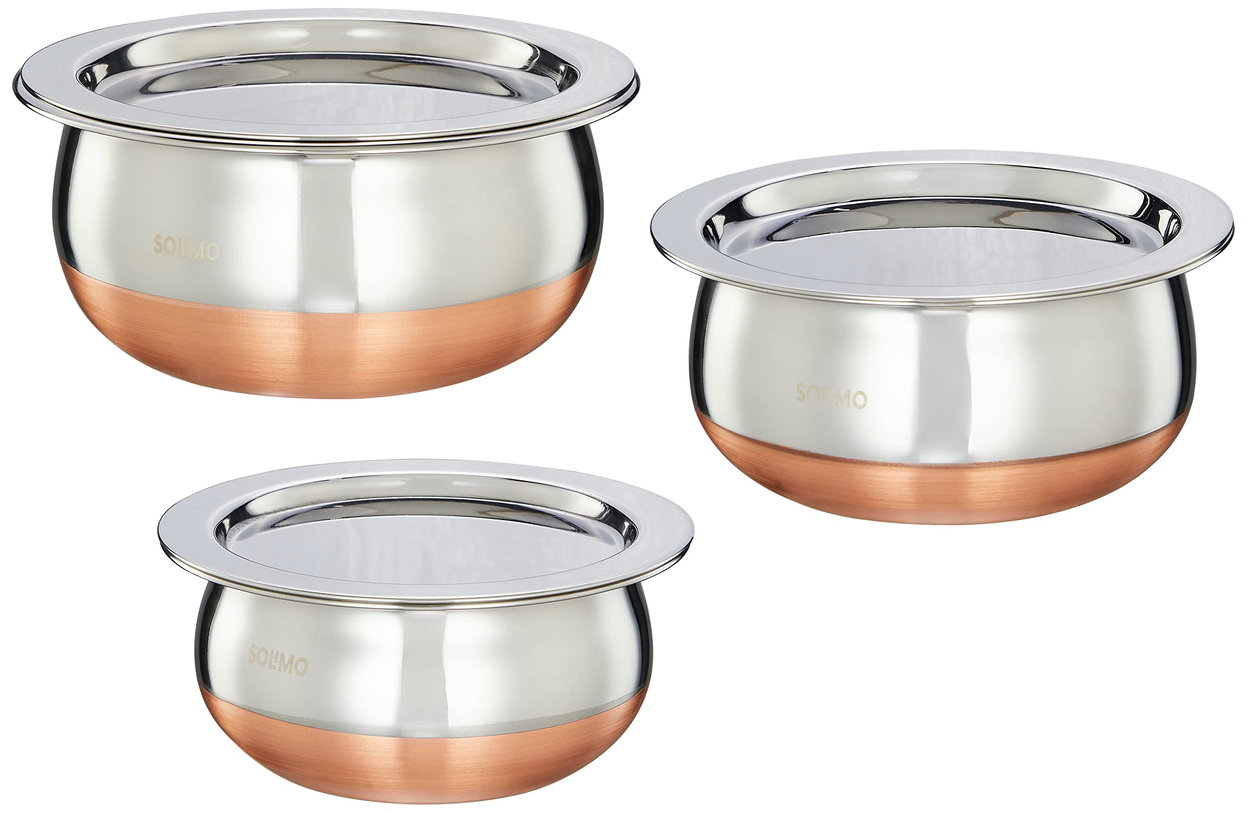 Amazon Brand - Solimo Stainless Steel 3-Piece Copper Bottom Handi Set with Lids, 700 ML, 1000 ML, 1500 ML