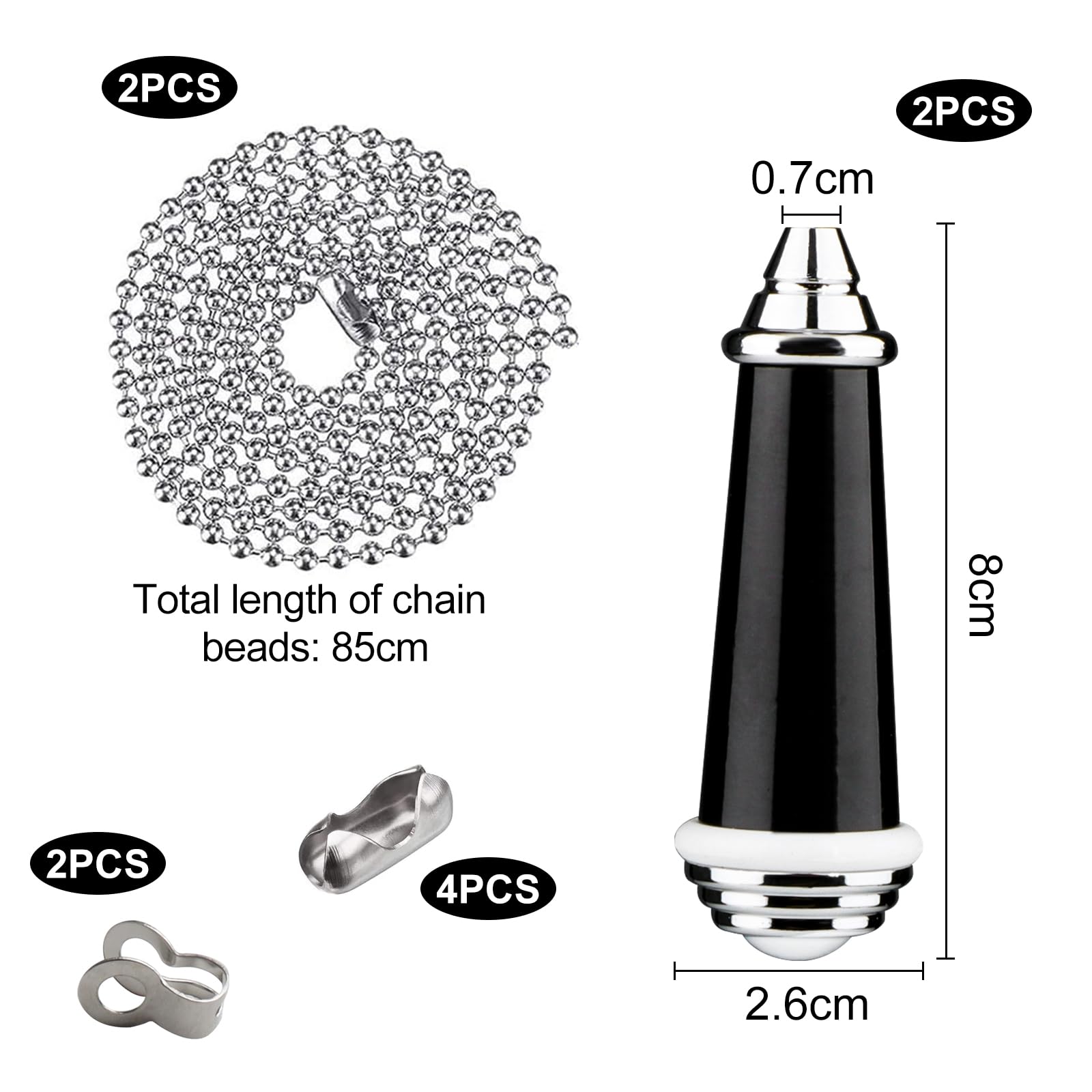 TXErfolg 2Pcs Light Pull Chain Extension with Ball Chain 85cm Length Bathroom Light Pull Cord Handle Chrome Light Switch Pull Chain for Shower/Ceiling/Toilet Light Fan Switch Blinds(Black) - Image 2