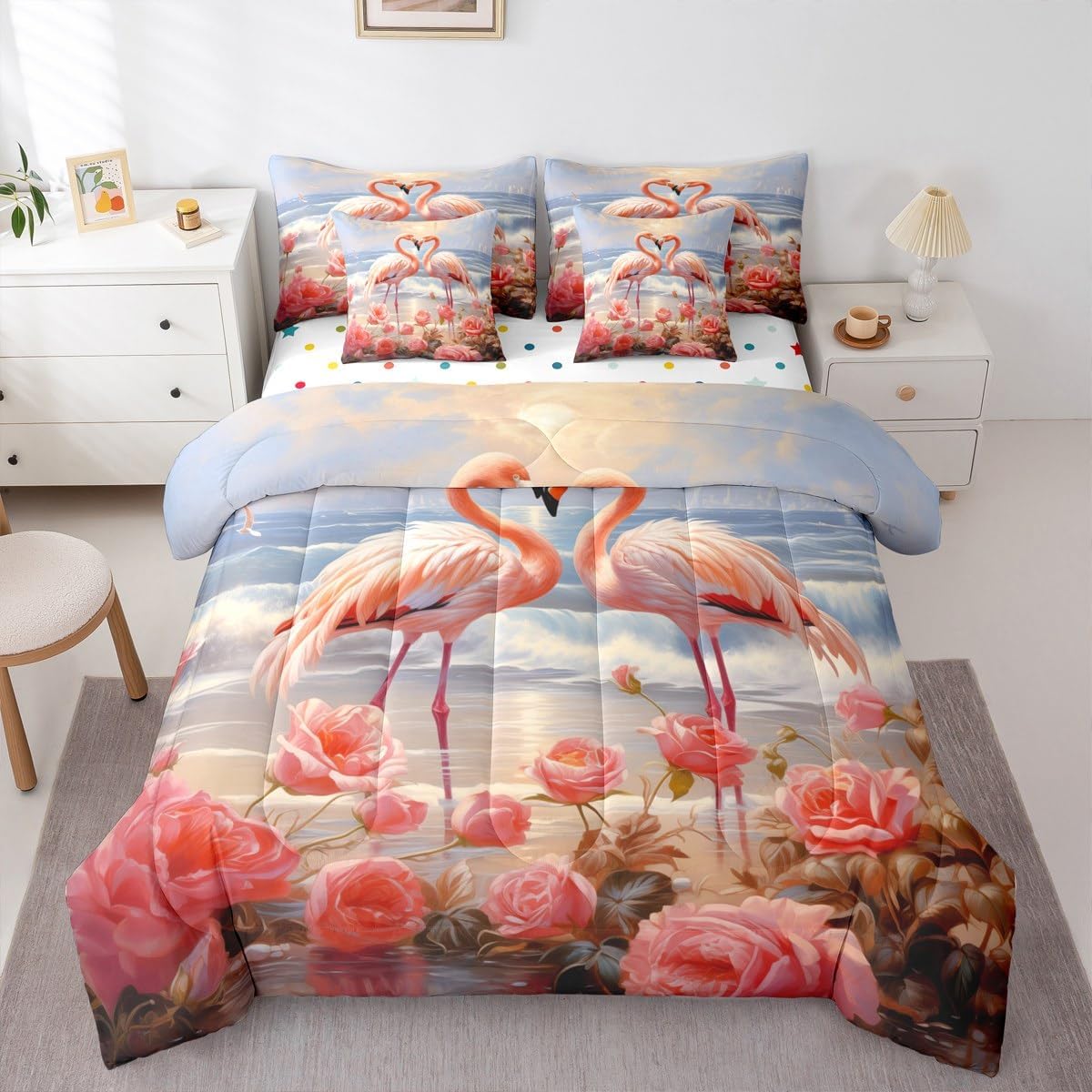Erosebridal Flamingo Bed in a Bag Queen Comforter Set 7 Piece,Pink Rose Bedding Sets Romantic Flowers Fitted Sheet,Ocean Bird Love Sheet Set with Comforter