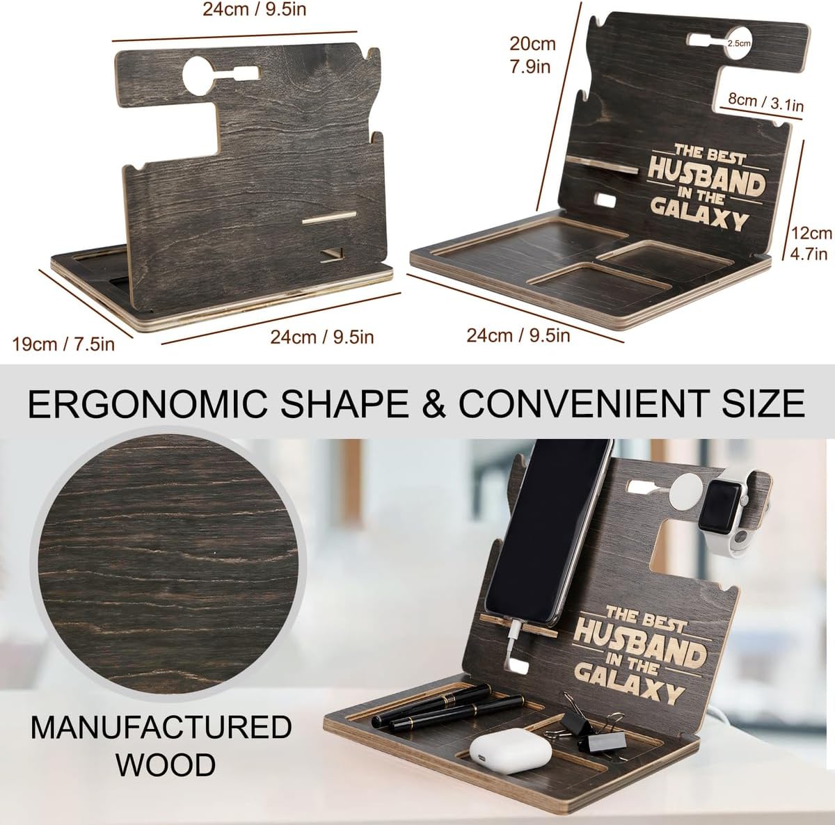 Wood Phone Docking Station for Men, Desk or Nightstand Organizer, Fathers Day - Birthday for Husband - Dad - Daddy (Husband)