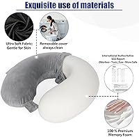Vista 4 de SAIREIDER Almohadas de viaje para dormir en avión 100% espuma viscoelástica pura para el cuello Almohada para el cuello de avión Funda lavable (Gris)