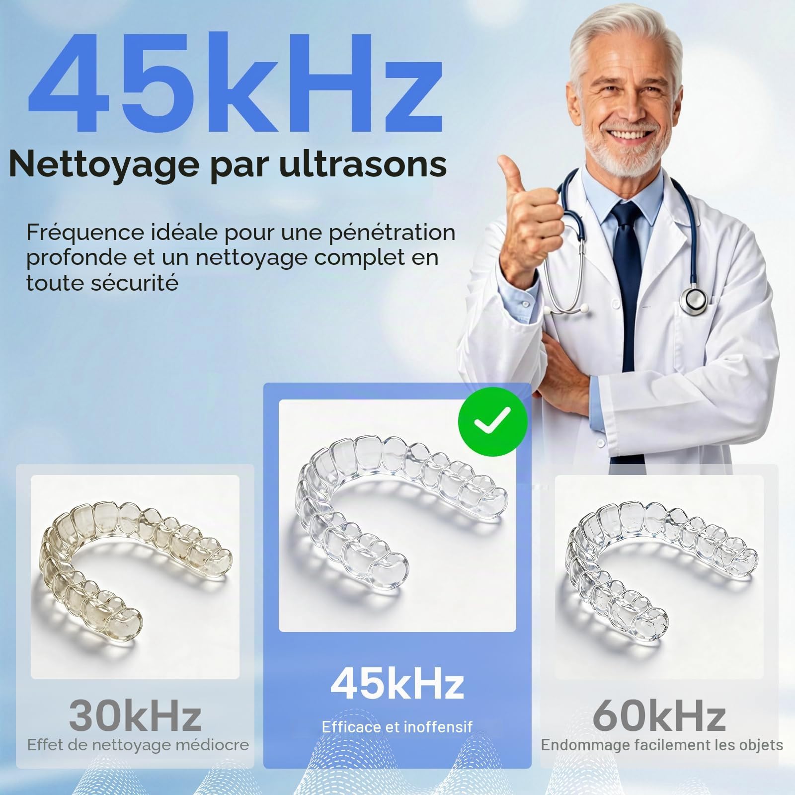 Nettoyeur Ultrasons 45000Hz Gouttière Dentaire 4 Lampes UV 200ml 4 Modes Nettoyage Prothèses Dentaires Bijoux Noir