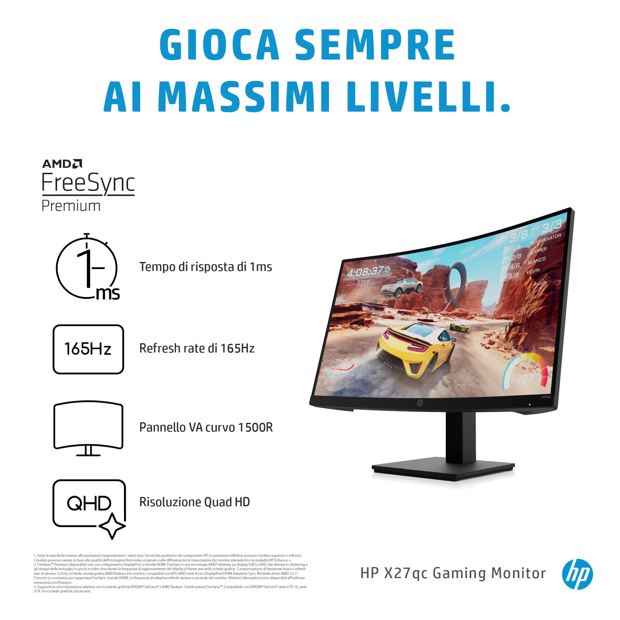 HP X27qc Gaming Monitor Curvo da 27 pollici, Pannello VA 16:9 QHD 165Hz, 1 ms, Antiriflesso, 350 nits, 3000:1, AMD FreeSync Premium, Low Blue Light, VESA 10x10 cm, HDMI 2.0, Displayport 1.4, Nero